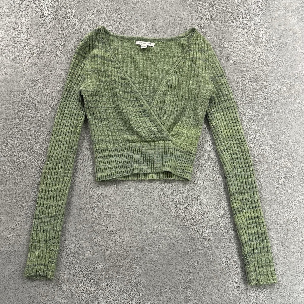 American Eagle Long Sleeve Crop Sweater Women XS Green Ribbed VNeck Y2K Indie